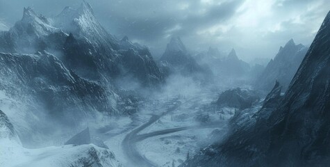 Majestic Snow-Covered Mountains Amidst Misty Atmosphere and Cold Winter Landscape