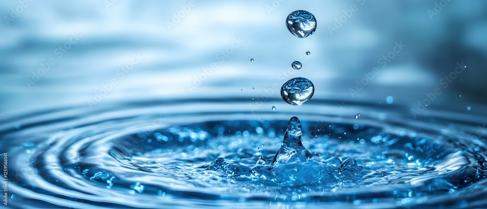 Poster captivating water drop collision in liquid surface creating ripples and splash in blue tone