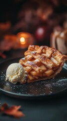 A Slice of Homemade Apple Pie with Crispy Lattice Crust and Vanilla Ice Cream on a Dark Plate Surrounded by Autumn Decorations