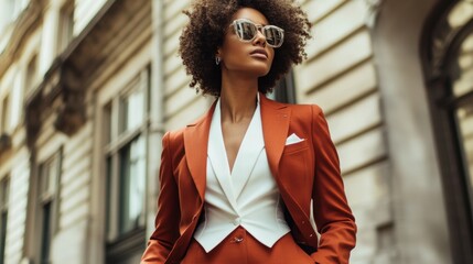 White woman in raw style 3piece rust suit with white waistcoat and lapel