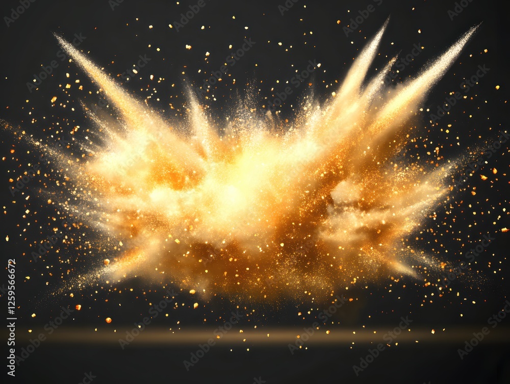 Poster golden explosion of light and particle cloud on dark background creates dynamic energy