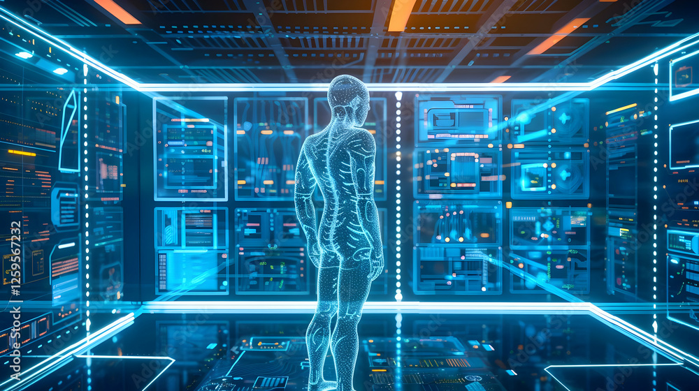 Poster futuristic humanoid figure exploring a high-tech data center with glowing interfaces