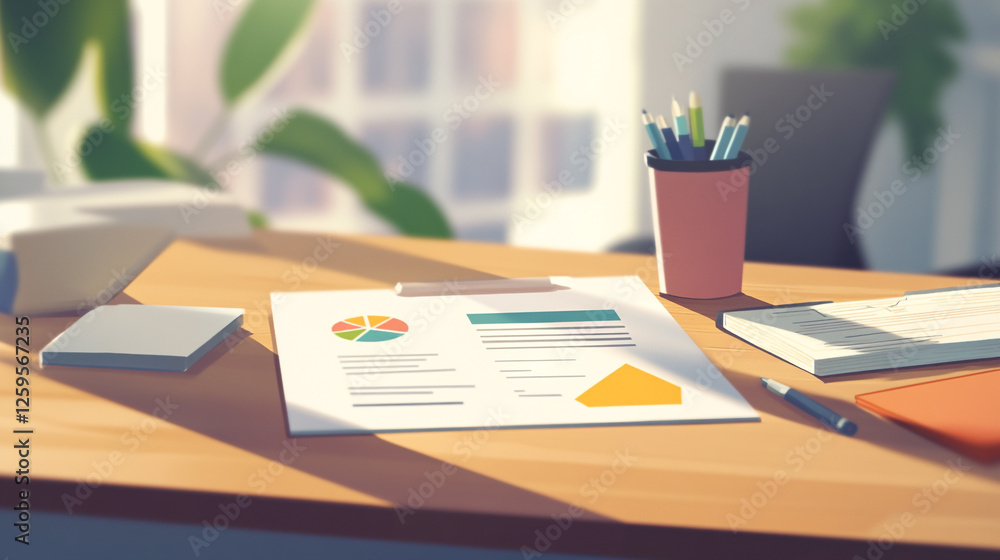 Poster modern office desk workspace sunlight report chart design illustration data clean table paper simple