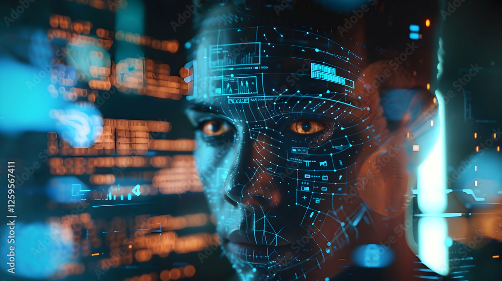 Poster futuristic portrait of a person with digital data overlay in a tech environment
