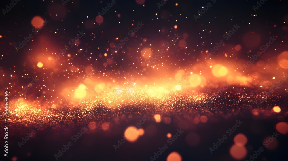 Poster golden glitter explosion on dark background with bokeh effect creating a magical atmosphere