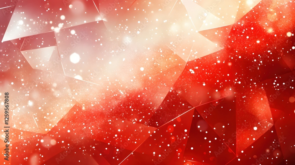 Poster abstract red and white geometric background with sparkling particles and soft light effects