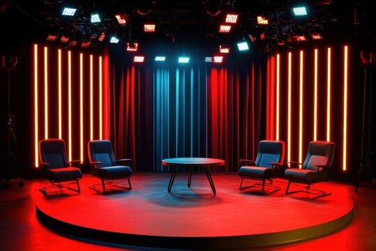 Red and blue lit studio set with four chairs and a small table. Ideal for talk show, interview, or podcast visuals.