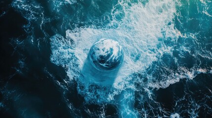 A miniature Earth rests gently amidst a churning ocean, a surreal and captivating sight. The deep blues and whites create a dramatic contrast.