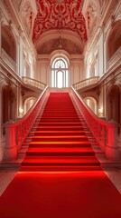 Fototapeta premium Grandiose Staircase with Red Carpet Leading to Bright Light in Elegant Palace Interior