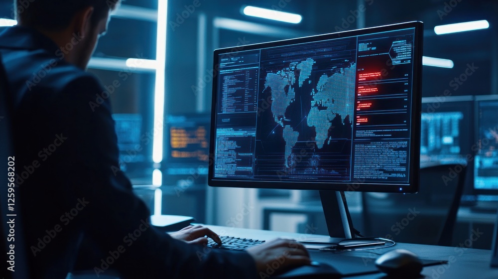 Poster cybersecurity analyst monitors global network activity in secure office