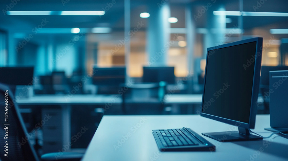 Aufkleber modern office workspace blue tone computer desktop setup room empty clean table screen design