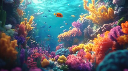 Fototapeta premium Vibrant coral reef teeming with colorful fish. A breathtaking underwater scene filled with diverse marine life and corals in shades of orange, pink, and purple.