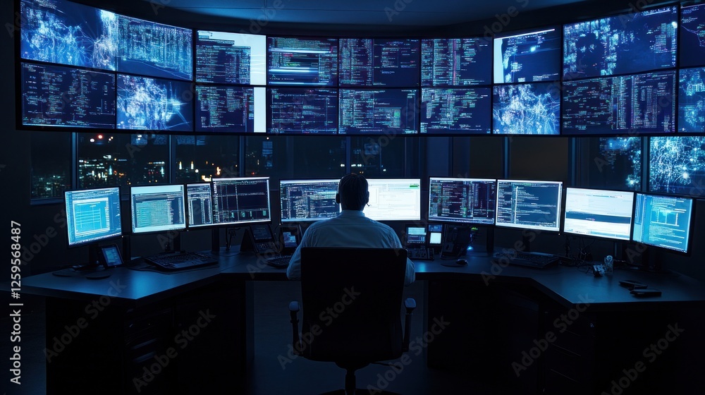 Aufkleber cybersecurity analyst monitoring data on multiple screens at night
