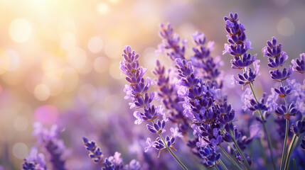 Naklejka premium Lavender flowers in soft sunlight create serene and calming atmosphere. vibrant purple blooms stand out against dreamy, blurred background, evoking feelings of tranquility and relaxation