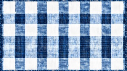Blue and White Plaid Pattern Textile with Soft Fringed Edges