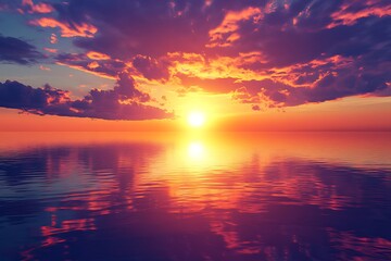 Fototapeta premium A breathtaking sunset over a tranquil lake the sky filled with vibrant oranges and purples reflecting on the water's surface