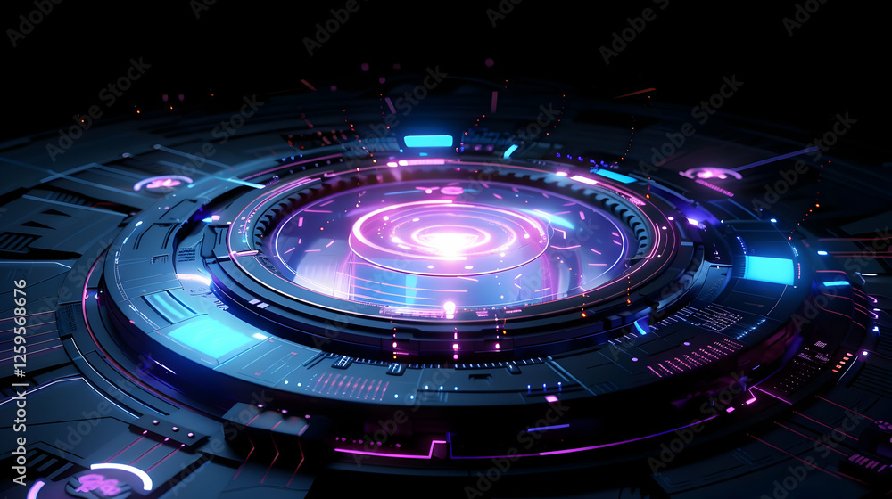 Poster futuristic digital interface with glowing elements in a dark environment