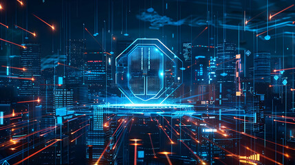 Fototapeta premium Futuristic cityscape at night with neon lights and digital elements glowing