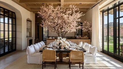 Elegant spring dining room, blossom tree centerpiece, luxury home, outdoor view