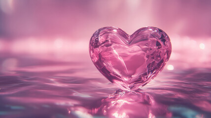 Fototapeta premium Transparent pink crystal heart on a reflective liquid surface with dreamy bokeh lights, romantic and elegant concept