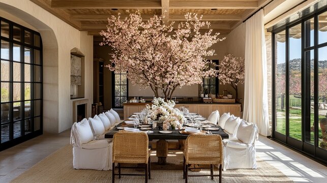 Elegant spring dining room, blossom tree centerpiece, luxury home, outdoor view
