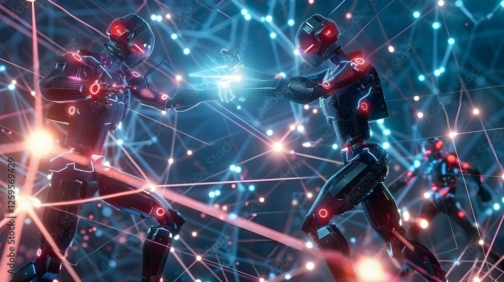 Poster futuristic robots engage in a dynamic battle amidst a vibrant digital network