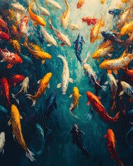 Koi Fish Swimming in Pond Artistic Impressionist Style Colorful Aquatic Life Painting
