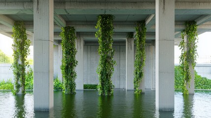 Architectural Symmetry: Pier-Inspired Concrete Supports with Trailing Vines in Watery Courtyard