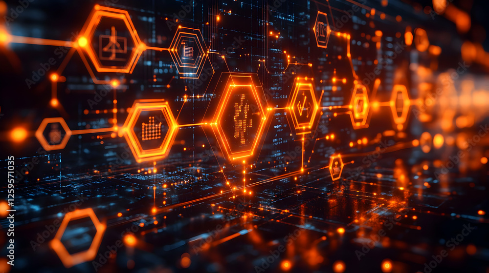 Poster futuristic digital interface with glowing hexagons and health icons in a tech setting