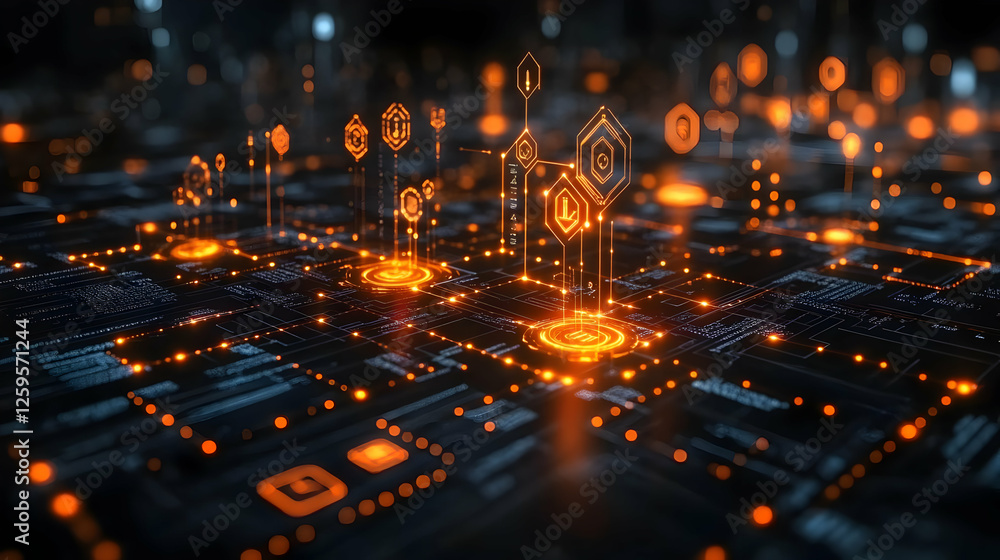 Poster futuristic digital landscape with glowing data points and abstract technology elements