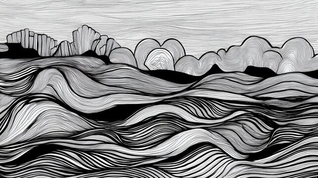 Abstract grayscale line art depicting a serene landscape with rolling hills and a cloudy sky. The intricate lines create a sense of depth and movement.