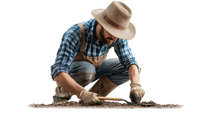 PNG, Farmer. Gardener. A man cultivates the land for planting plants, isolated on a white background, created using Generative AI technology.