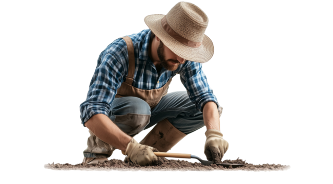 PNG, Farmer. Gardener. A man cultivates the land for planting plants, isolated on a white background, created using Generative AI technology.