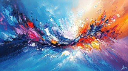 Fototapeta premium Vibrant abstract artwork featuring a dynamic interplay of blues, oranges, and reds. Thick paint strokes create a sense of movement and energy.