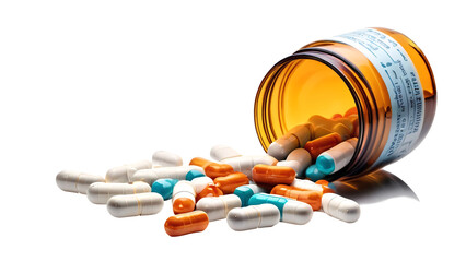 Spilled Pills from Amber Bottle on Black Background