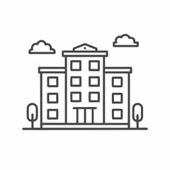 A sleek and contemporary building stands tall, surrounded by neatly trimmed trees and soft, fluffy clouds. The setting captures a serene day, inviting exploration and curiosity.