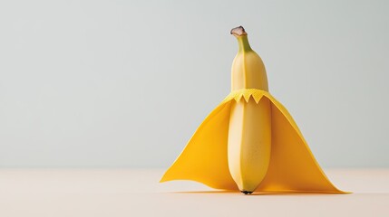 A whimsical banana dressed in a yellow cape, set against a minimalist background, evoking creativity