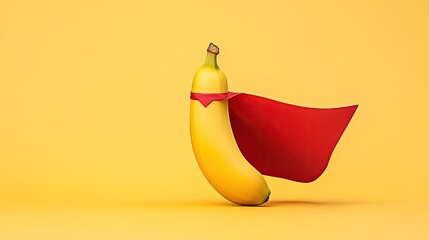 A vibrant yellow banana dressed as a superhero with a red cape against a bright yellow background