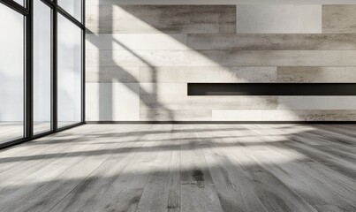 Sunlit modern room with wood wall, floor, and large window; ideal for interior design