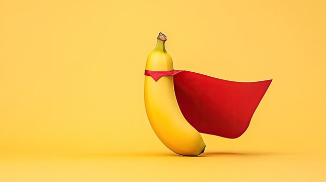 A vibrant yellow banana dressed as a superhero with a red cape against a bright yellow background - Powered by Adobe