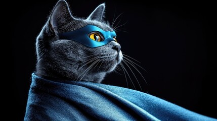 A heroic cat wearing a blue mask and cape, striking a confident pose against a dark background