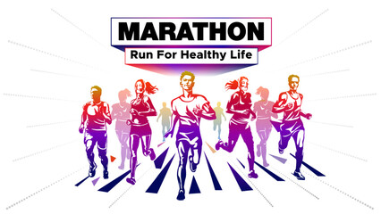  Marathon or Sports day concept. Group of community people running vector drawing illustration.
