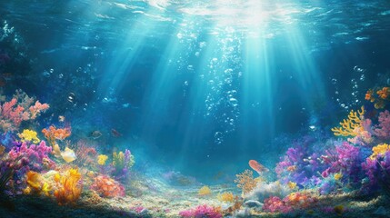 Obraz premium Vibrant coral reef teeming with life. Sunbeams illuminate the underwater scene, creating a magical atmosphere. A serene and colorful underwater world.