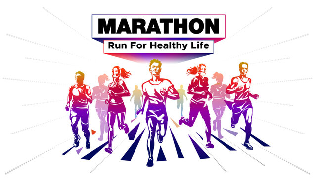  Marathon or Sports day concept. Group of community people running vector drawing illustration.