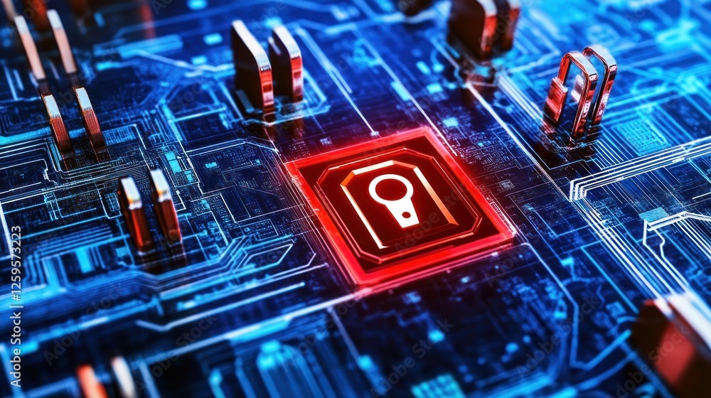 Aufkleber cybersecurity lock symbol on a microchip conveys protection of digital data