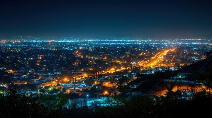 Naklejka premium Night city panorama, hilltop view, lights blurred, urban sprawl, travel