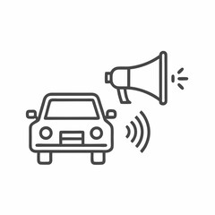 A sleek car is depicted on a city street, paired with a loudspeaker that emits sound waves, suggesting an announcement or alert. The busy urban environment adds excitement.