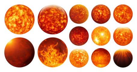Bright and Fiery Celestial Bodies with Varying Textures and Colors, isolated on transparent background