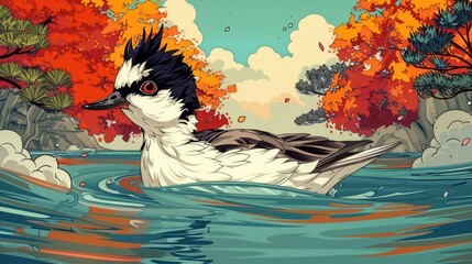 A stylized bird swimming in vibrant water with autumn foliage in the background.