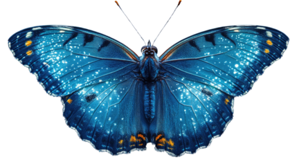 Blue Butterfly's Delicate Dance: A close-up shot showcases the exquisite details of a blue butterfly with its wings spread wide, revealing intricate patterns and textures.